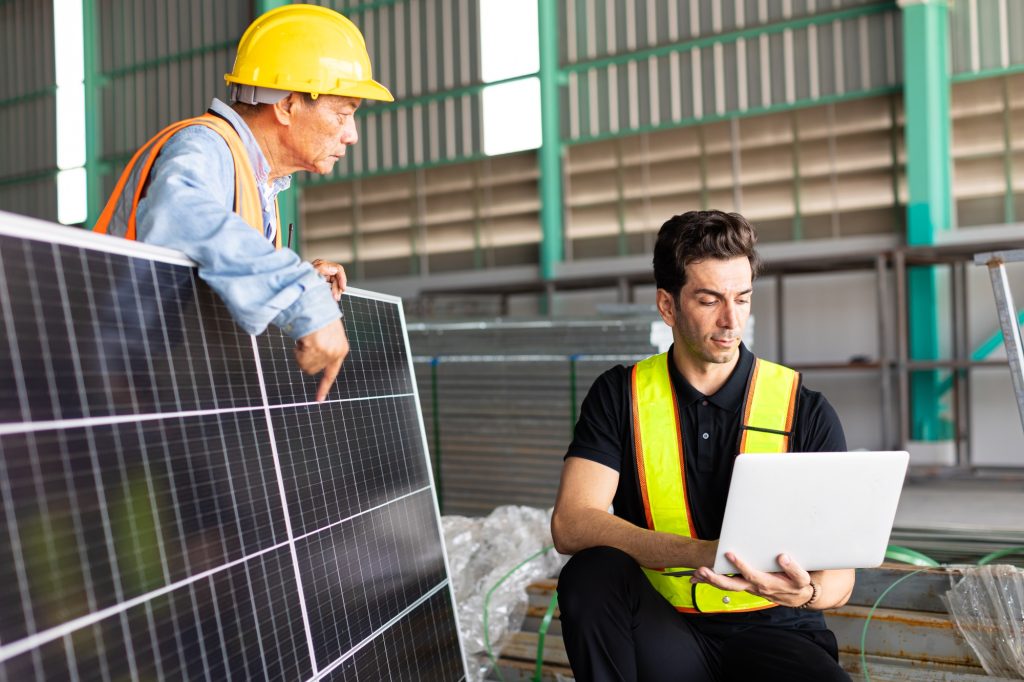 engineer team working check testing solar panel process before sand to customer for setup install