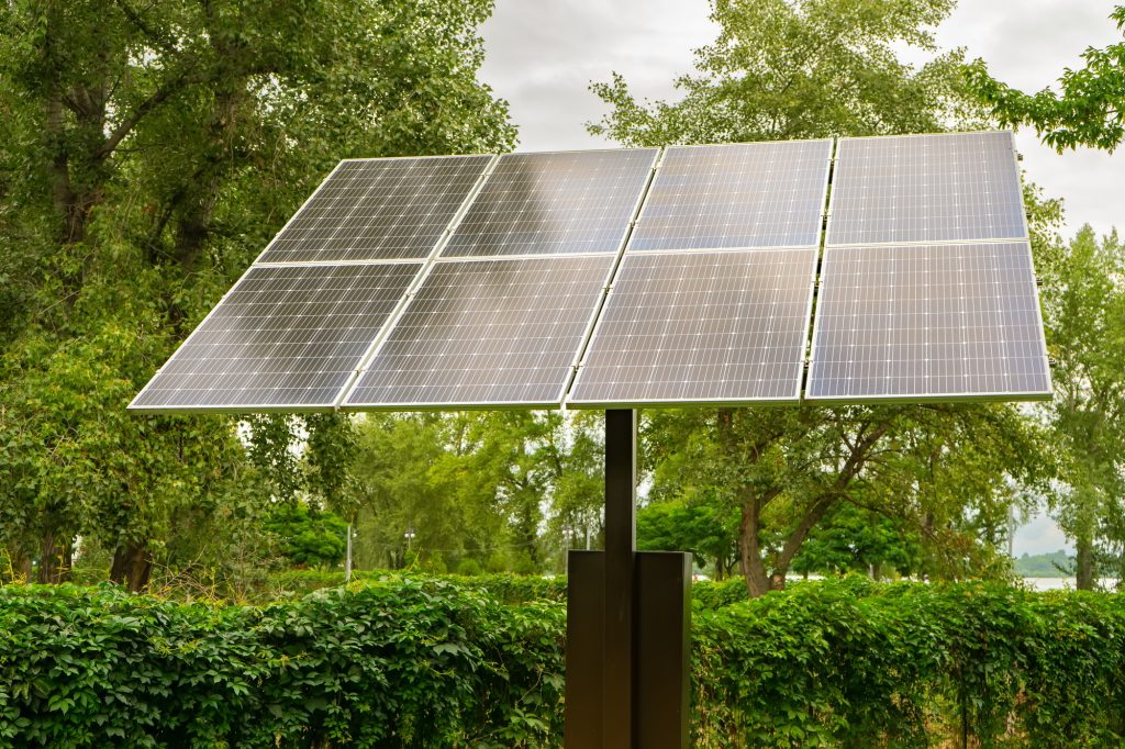 Solar panels in public park, eco friendly, green, renewable energy concept